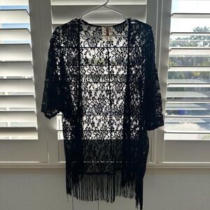 Mauve Anthropologie Black Lace Fringe Kimono